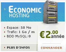 EconomicHosting, Espace disque 50mo, Trafic web 1Go / mois, Base de donnï¿½es MySQL 5, Comptes FTP et Email (POP3), pour seulement 2 euros par an