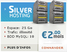 SilverHosting, Espace disque 25Go, Trafic web illimitï¿½, Base de donnï¿½es MySQL 10, Comptes FTP et Email (POP3) 50, pour seulement 2 euros par mois